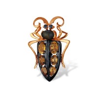 Золотая брошка в виде жука с цитрином, фианитом и тигровым глазом 7566М